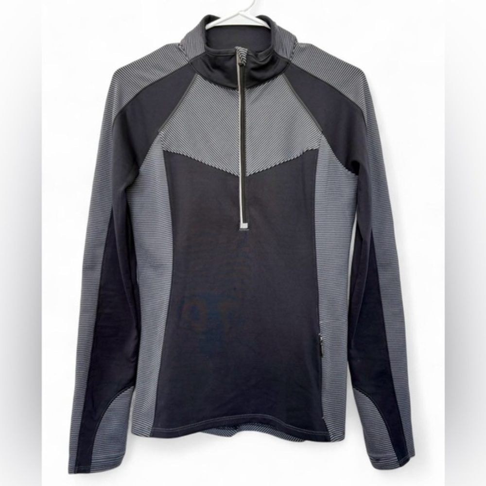 Women's Athleta Half Zip Black Gray Striped Pullover‎ Activewear Top XS Gym Run